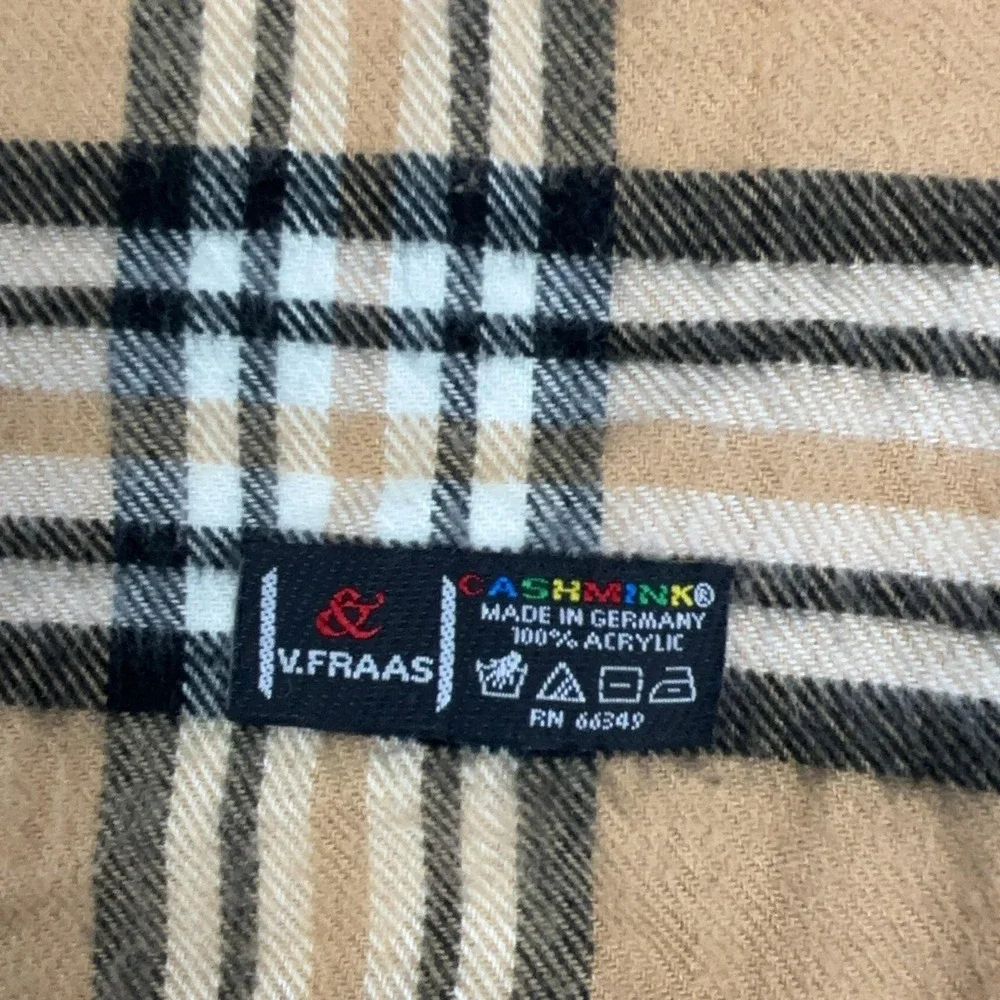 V. Fraas Scarf Womens One Size Beige Plaid Cashmink Acrylic Fringe Germany